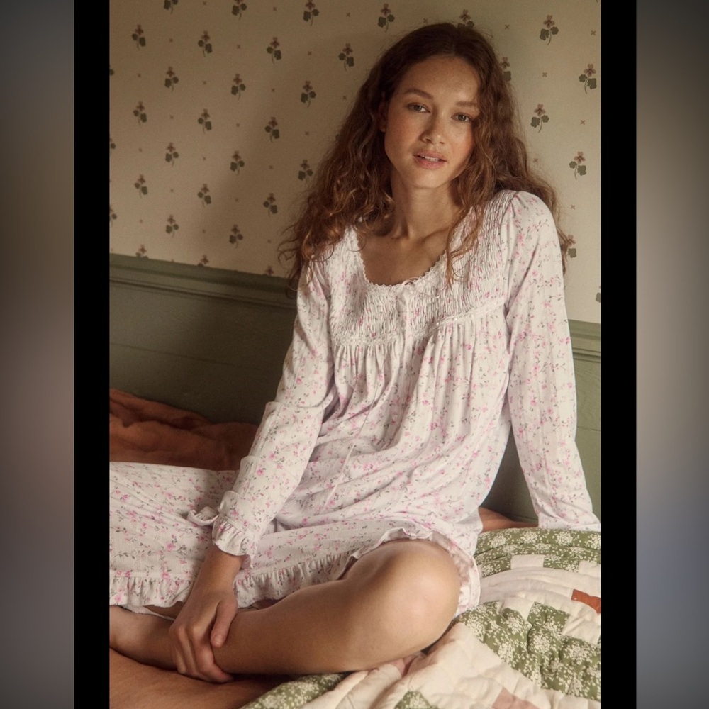 Eileen West White and Grey Floral Pajama Dress 100% Cotton